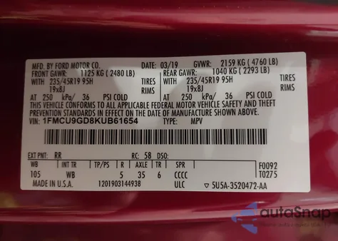 2019 Ford Escape Se из США, поврежденный, VIN 1FMCU9GD8KUB61654